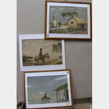 Lot of Three Framed and Unframed Gouaches in the Manner of Florencio Molina Campos