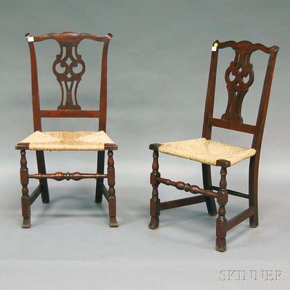 Near Pair of Country Chippendale Cherry Side Chairs with Spanish Feet