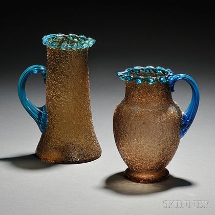 Two Green Overshot Glass Pitchers