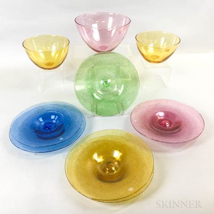 Six Cowdy Glass Workshop Plates and Three Bowls
