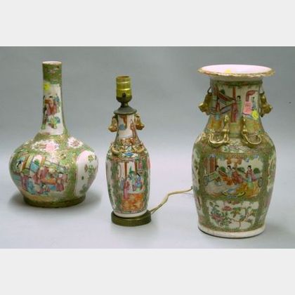 Chinese Export Porcelain Rose Medallion Bottle Vase, Vase, and Vase Table Lamp