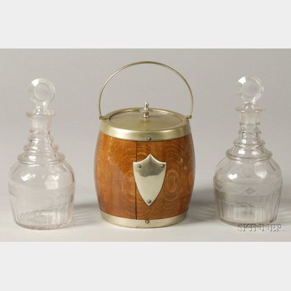 Pair of Anglo-Irish Colorless Glass Decanters and an Oak Biscuit Barrel