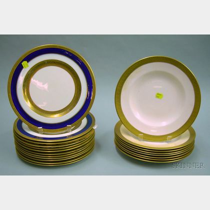 Set of Eight Royal Crown Derby Gilt St. George Pattern Porcelain Dinner Plates and a Set of Twelve George Jones... 