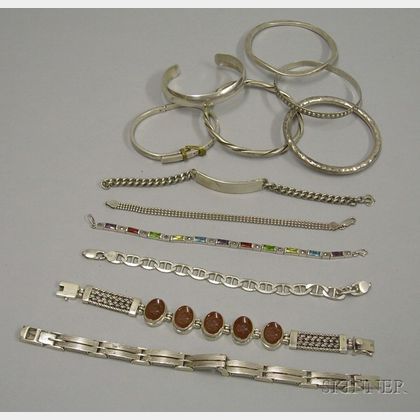 Twelve Bangle, Cuff, and Other Sterling Silver Bracelets. 