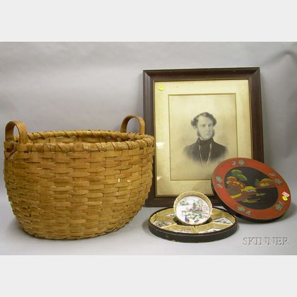 Large Woven Splint Gathering Basket, a Framed Print of a Gentleman, and an Asian Lacquered Condiment Set.