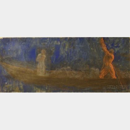 Unframed Oil on Canvas View of a Boatman on a River