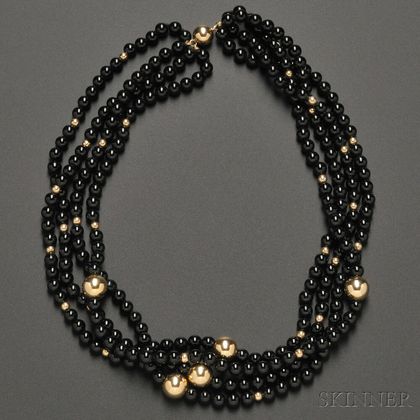 Four-strand Onyx and 14kt Gold Bead Necklace
