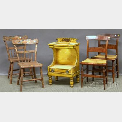 Pair of Late Federal Maple and Tiger Maple Side Chairs, a Pair of Polychrome-decorated Wood Side Chairs, and a Yellow-painted and Decor