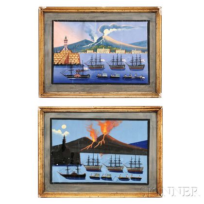 American/Italian School, 19th Century Two Views of the Eruption of Mount Vesuvius from the Port of Naples.