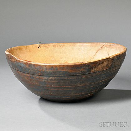 Blue-painted Turned Wooden Bowl