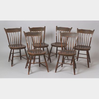 Set of Six Windsor Grain-painted and Stencil Decorated Thumb-back Side Chairs. 