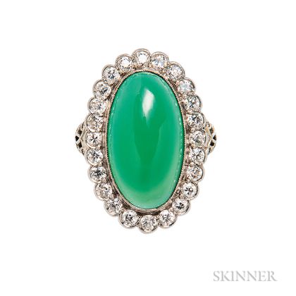 White Gold, Green Chalcedony, and Diamond Ring