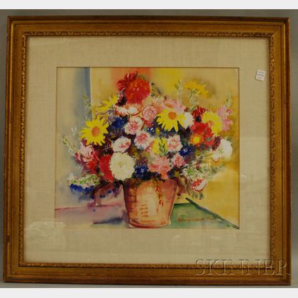 Ruth A. Mead Watercolor and Gouache of a Still Life with a Vase of Flowers