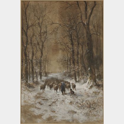 L. Candelle (French, 19th/20th Century) Shepherd and Flock on a Snowy Path