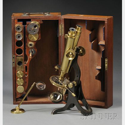 Henry Crouch Lacquered Brass Binocular Microscope and Compendium