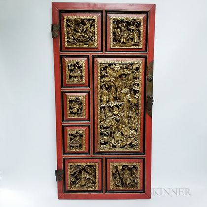 Chinese Carved, Gilt, and Red-lacquered Cabinet Door