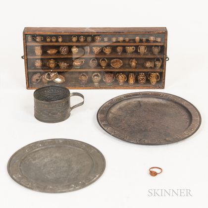 Small Shelf of Walnut-carved Miniatures and Three Pieces of Tinware