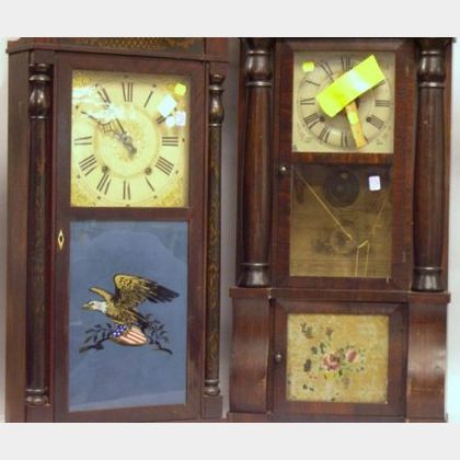 Mitchell & Eakins Ebonized and Stencil Decorated Split Baluster Mantel Clock and a Seth Thomas Empire Rosewood Veneer Split Baluster Sh