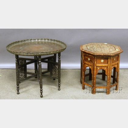 Indian Copper Tray-top Carved Hardwood Low Table and a Near Eastern Octagonal Bone Inlaid Hardwood Tabouret. 