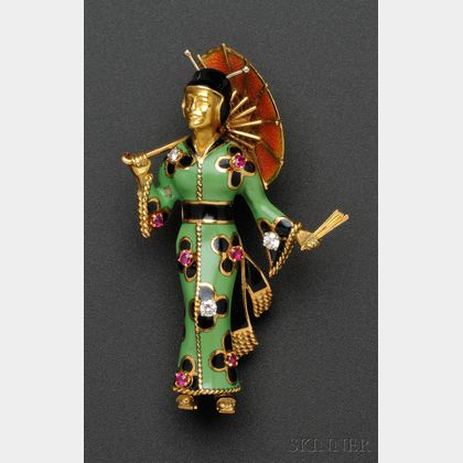 18kt Gold, Enamel, and Gem-set Figural Brooch, Retailed by Fasano