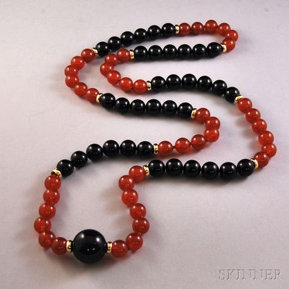 Carnelian, Onyx, and 14kt Gold Bead Necklace