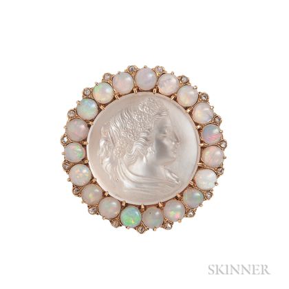 Antique Gold, Moonstone Cameo, Opal, and Diamond Pendant/Brooch