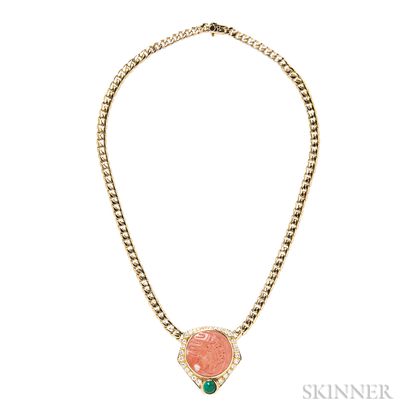 18kt Gold, Carved Coral, Emerald, and Diamond Pendant Necklace