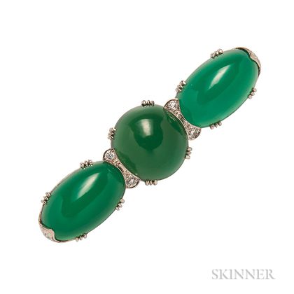 Art Deco White Gold, Dyed Green Chalcedony, and Diamond Bar Brooch