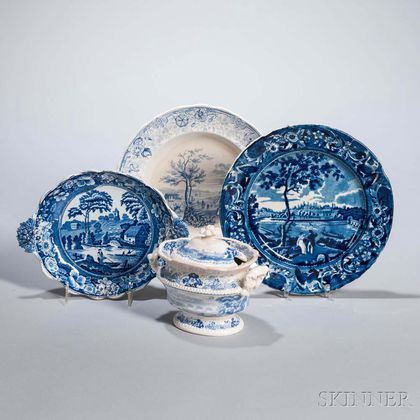 Four Staffordshire Historical Blue Transfer-decorated Table Items