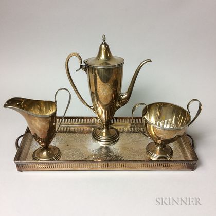 Three-piece Sterling Silver Coffee Set and a Silver-plated Tray
