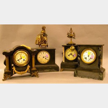 French-style Cast Iron Mantel Clock, and Three Black Slate Mantel Clocks. 