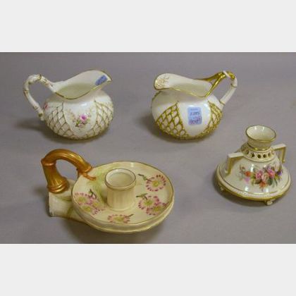 Royal Worcester Porcelain Bamboo-form Chamberstick and Two-Handled Footed Vase, and Two Lotusware Gilt Porcelain Creamers. 