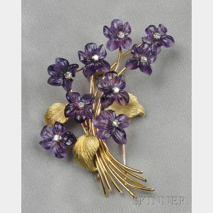 18kt Gold, Carved Amethyst, and Diamond Brooch, France