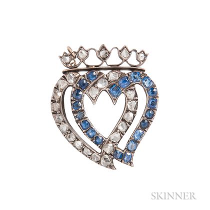 Antique Sapphire and Diamond Witch's Heart Brooch