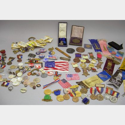Lot of 19th and 20th Century Mostly U.S. Military, Commemorative, and Fraternal Medals, Buttons, and Items