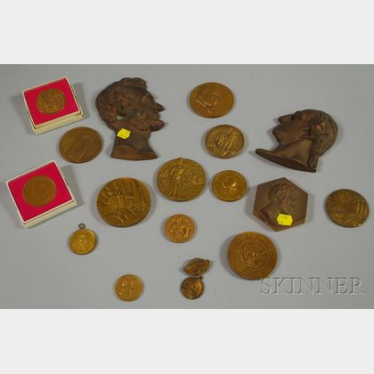 Group of Assorted Bronze and Metal Medals, Two Bronze Washington and Lincoln Profile Plaques and a Paperweight