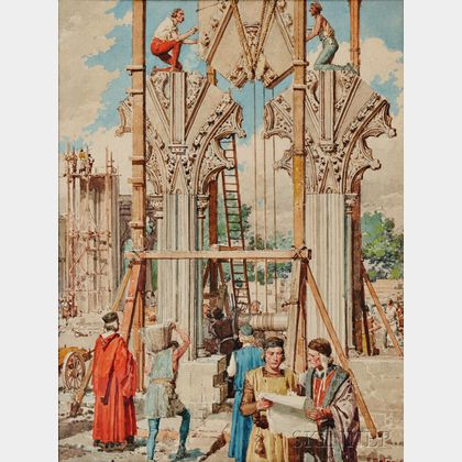 Fortunino Matania (Italian, 1881-1963) The Building of a Gothic Cathedral