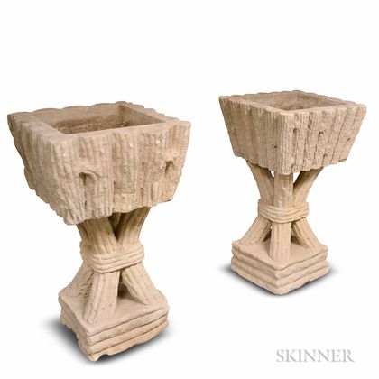 Pair of Log-form Concrete Planters on Stands