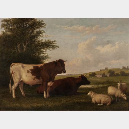 Thomas Hewes Hinckley (American, 1813-1896) Homestead with Cattle and Sheep