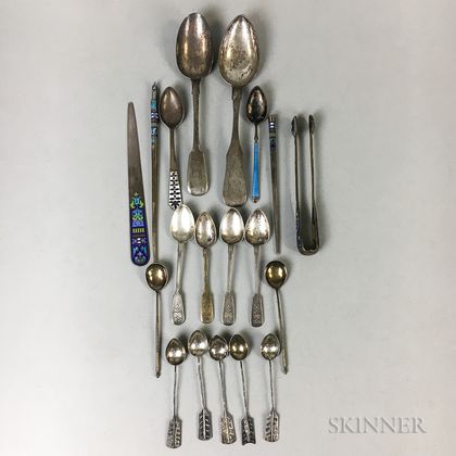 Group of Russian .84 Silver and Enamel Flatware and Accessories