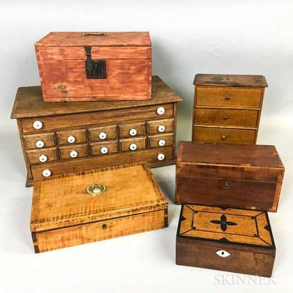 Four Wood Boxes, a Sewing Cabinet, and a Miniature Bureau
