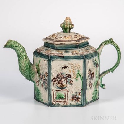 Staffordshire Creamware Chinoiserie-decorated Teapot and Cover