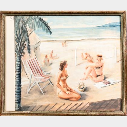 Gaston Longchamp (French/American, 1894-1986) Women in Conversation on a Sunny Beach