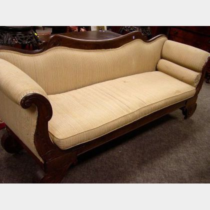 Boston Classical Upholstered Carved Mahogany and Mahogany Veneer Sofa