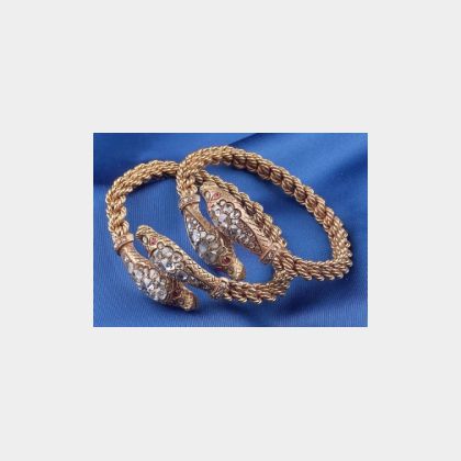 Pair of 18kt Gold and Diamond Snake Bangle Bracelets