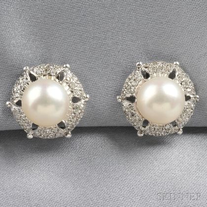 18kt White Gold, Cultured Pearl, and Diamond Earclips, Buccellati