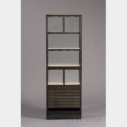Two Tall Metal and Glass Display Cases