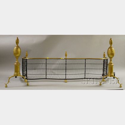 Pair of Federal-style Brass Double Lemon-top Andirons and a Brass and Wire Serpentine Fireplace Fender