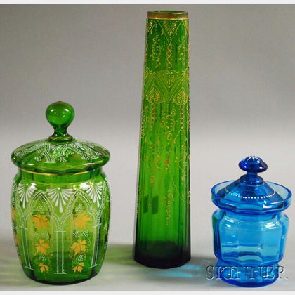 Three Enamel-decorated Colored Glass Items