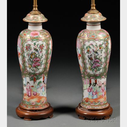 Pair of Chinese Export Porcelain Rose Medallion Lamp Bases